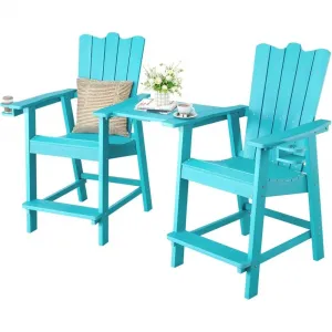 Bar Chair Set 2 Piece with Cup Holder Removable Table Ergonomic HIPS Wood Waterproof 304 Stainless Steel Teal Patio Garden