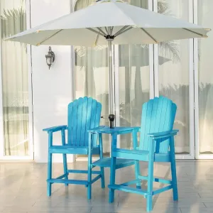 Bar Height Double Outdoor Chair Set with 2 Tier Table Umbrella Hole Detachable Trays HIPS Wood Cyan Patio Garden