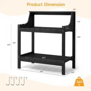 Black Potting Bench Garden Work Table 360lb Capacity HDPS Wood Grain 3 Tier Removable Hooks for Patio Garden Yard
