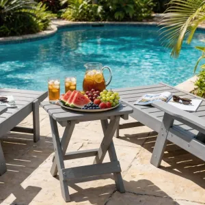 Charcoal Grey Folding Side Table X Frame Slatted Top HIPS Plastic Wood Waterproof Outdoor for Patio Garden Pool Deck