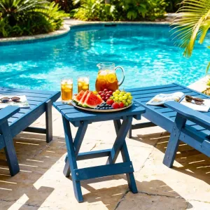 Cobalt Blue Folding Side Table X Frame Slatted Top HIPS Plastic Wood Waterproof Outdoor for Patio Garden Poolside