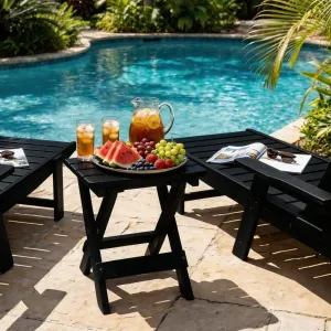 Compact Folding Table Black Slatted Top Weather Resistant HIPS Wood Outdoor Portable for Balcony Camping Beach Bar