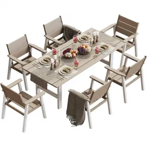 Dining Table and Chairs Set for 6 HIPS Plastic Wood Outdoor Weather Resistant Patio Furniture for Garden Deck Backyard