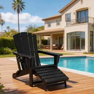 Foldable Adirondack Chair HDPE 5 Slat Back Pull Out Ottoman Hidden Cup Holder 400 LBS for Patio Camping Garden