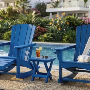 Foldable Outdoor Side Table Blue X Shape Legs HIPS Plastic Wood 304 Stainless Steel for Poolside Resort Garden Terrace