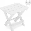 Folding Side Table White X Frame Slatted Top HIPS Plastic Wood Waterproof Portable Outdoor for Patio Garden Poolside