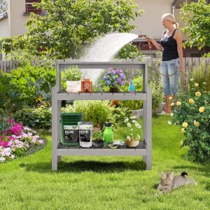 Grey Garden Work Table Potting Bench HDPS Plastic Wood 3 Tier Shelves Removable Hooks Stainless Screws Outdoor