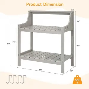 Grey Potting Bench 3 Tier HDPS Plastic Wood Garden Workstation Slatted Shelves Tool Hooks 360lb for Patio Yard