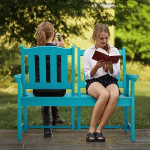 Outdoor Adjustable Backrest Garden Bench Cyan HIPS Plastic Wood 2 Seater Folding Back for Back to Back Viewing Patio Garden