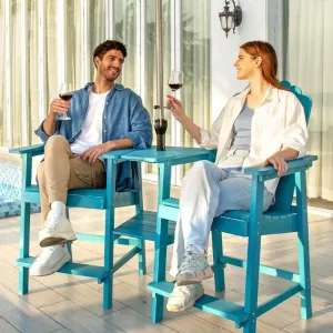 Outdoor Bar Height Double Chair with Cup Holder Detachable Tray and 2 Tier Table HIPS Wood Cyan for Poolside Patio