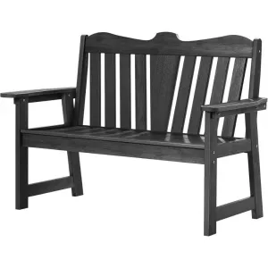 Outdoor Black Garden Bench HIPS Plastic Wood 3D Wood Grain Waterproof Wide Seat with Armrests for Backyard Deck