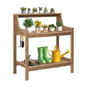 Outdoor Brown Potting Bench 3 Tier HDPS Weatherproof Garden Storage Shelf with Removable Tool Hooks for Backyard Lawn