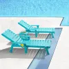 Outdoor Chaise Lounge Chair Cyan HIPS Plastic Wood 5 Level Adjustable Backrest Cup Holder Wheels for Poolside Patio