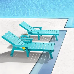 Outdoor Chaise Lounge Chair Cyan HIPS Plastic Wood 5 Level Adjustable Backrest Cup Holder Wheels for Poolside Patio
