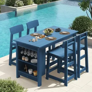 Outdoor Dining Set Counter Height Table with 4 Stools Built in Wine Glass Rack Storage HDPE Wood Grain for Patio Garden
