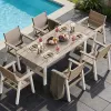 Outdoor Dining Set 7 Piece Patio Table with 6 Chairs HIPS Plastic Wood Teak Grain Weatherproof for Garden Backyard