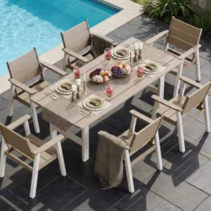 Outdoor Dining Set 7 Piece Patio Table with 6 Chairs HIPS Plastic Wood Teak Grain Weatherproof for Garden Backyard