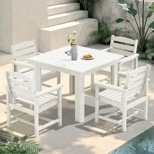 Outdoor Dining Set 5 Piece Square Table with 4 Chairs HDPE Wood Grain 16 Inch Umbrella Hole for Patio Garden Yard