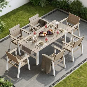Outdoor Dining Table with 2 Inch Umbrella Hole HIPS Plastic Wood Teak Grain Waterproof Sunproof for Patio Garden Pool