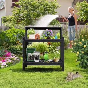 Outdoor Garden Plant Stand Black Potting Bench 3 Tier Storage HDPS Weatherproof No Rust No Fade for Balcony Backyard