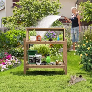 Outdoor Garden Potting Table Brown HDPS Wood Grain Weather Resistant 3 Tier Storage with Hooks for Patio Yard Backyard