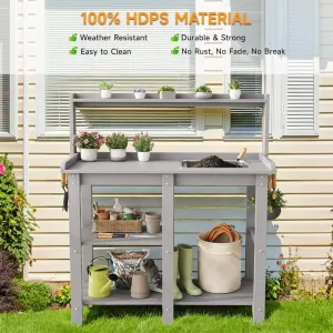 Outdoor Grey Multi Level Potting Bench with Stainless Sink 47 Inch Tall HDPS Weather Resistant for Backyard Balcony
