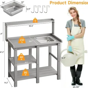 Outdoor Grey Potting Bench with Built in Sink Stainless Steel Anti Rust Easy Clean HDPS for Garden Work Table Backyard