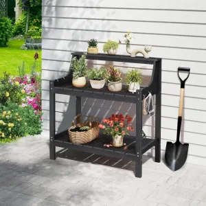 Outdoor Heavy Duty Potting Bench Black HDPS Plastic Wood 3 Tier Slatted Shelves Plant Display Stand for Garden Patio