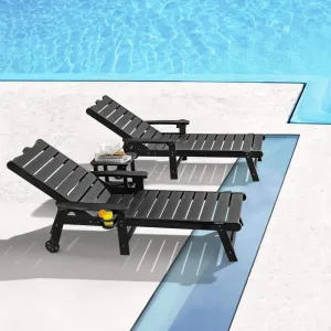 Outdoor Lounge Chair Black HDPS All Weather No Rust No Fade 5 Level Reclining Backrest Wheels for Patio Pool Deck
