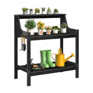 Outdoor Potting Bench Black 3 Tier HDPS Wood Grain Weather Resistant Garden Work Table with Hooks for Patio Backyard