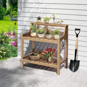 Outdoor Potting Bench Brown HDPS Plastic Wood 3 Tier Garden Work Table Slatted Shelves Plant Stand for Balcony Deck