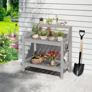 Outdoor Potting Table Grey HDPS Wood Grain 3 Tier Storage Rack 360lb Capacity Anti Rust for Garden Balcony Backyard