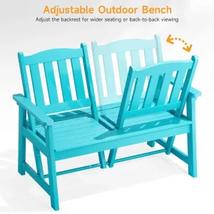 Outdoor Waterproof Garden Bench Cyan HIPS Plastic Wood Adjustable Backrest Wide Seat 755lbs for Garden Patio Balcony