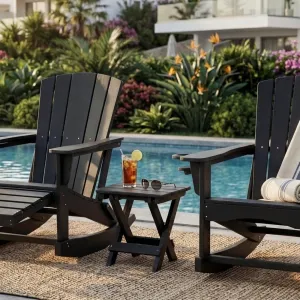 Patio Side Table Black Foldable X Frame HIPS Plastic Wood 304 Stainless Steel Rust Proof for Poolside Resort Terrace