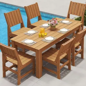 7 Piece Outdoor Dining Set Patio Table with 6 Chairs HIPS Plastic Wood Teak Grain Waterproof for Garden Poolside