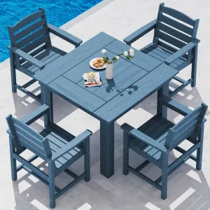 5 Piece Patio Dining Set Square Table 4 Armchairs HDPE Rust Free 197 Inch Wide Seat 350lbs for Backyard Garden