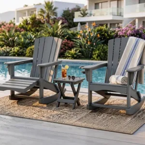 Poolside Rocking Chair Gray HDPE Outdoor Rocker Weather Resistant Curved Ergonomic Resort Patio Deck Seat Comfortable Garden