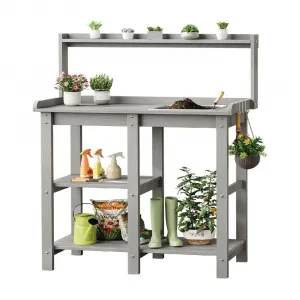 Potting Bench with Stainless Sink Grey HDPS 230lb Worktop Anti Drop Design 4 Hooks for Garden Patio Greenhouse