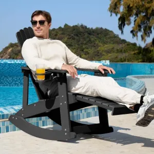 Rocking Adirondack Chair HDPE 7 Slat Back Pull Out Ottoman Cup Holder Weather Resistant for Patio Poolside Garden
