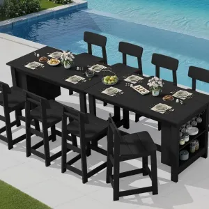 Space Saving Outdoor Dining Set Bar Height Table and Chairs HDPE Wood Grain Weatherproof for Garden Poolside Patio