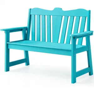 Weather Resistant Garden Bench Cyan-Blue HIPS Plastic Wood Reinforced Seat Support Oversized for Patio Backyard