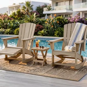 Wood Grain Rocking Chair Light Wood HDPE Outdoor Rocker Natural Color Rustic Curved Seat Courtyard Pergola Garden Weatherproof