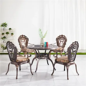 Cast Aluminum European Retro Style Round Dining Set 6 Cushioned Armchairs Rust UV Resistant for Villa Hotel Patio Garden