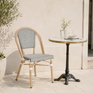 Commercial French Bistro Outdoor Dining Chair Wood Grain Aluminum Frame Teslin Fabric Cafe Restaurant Patio Chair
