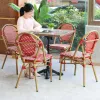French Bistro Chair Aluminum Frame Red White Checkered Woven PE Rattan Weatherproof Stackable Lightweight Outdoor Villa Cafe