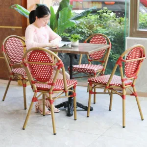 French Bistro Chair Aluminum Frame Red White Checkered Woven PE Rattan Weatherproof Stackable Lightweight Outdoor Villa Cafe