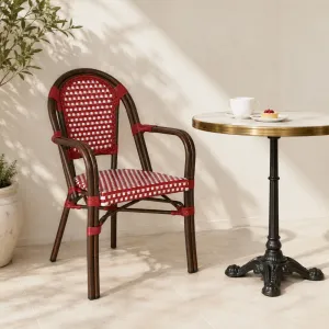 French Bistro Chair Red White Gingham Check Pattern PE Wicker Armchair Aluminum Frame Outdoor Garden Terrace Cafe Dining Chair