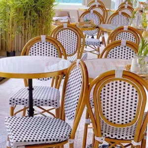 French Bistro Side Chair Aluminum Frame Orange Plaid PE Rattan Weatherproof Comfortable Lightweight Outdoor Cafe Restaurant