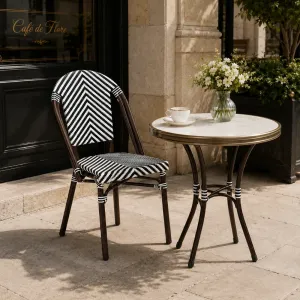 French Bistro Style Black White Chevron Woven Outdoor Dining Chair Curved Back Restaurant Cafe Patio Chair