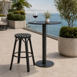 French Parisian Bistro PE Rattan Bar Stool Backless Round Cushion Seat Outdoor Patio Cafe Garden High Counter Bar Stool